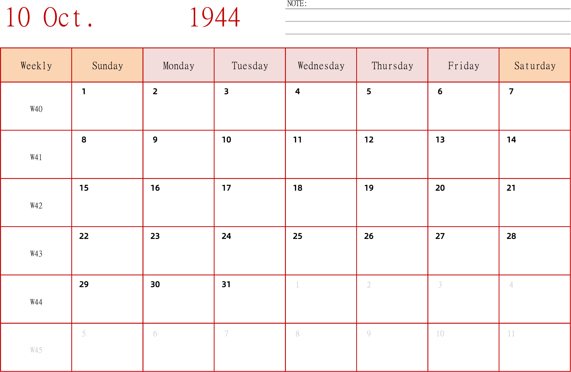 日历表1944年日历 英文版 横向排版 周日开始 带周数